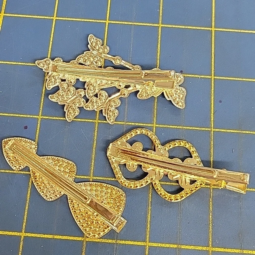 Rhinestone Butterfly Flower Triangle Silver Tone Hair Clips Set of 3